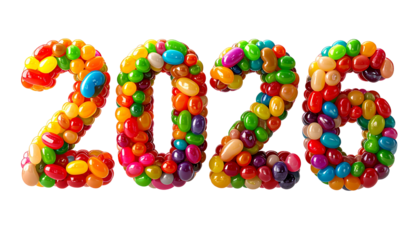 Colorful 2026 formed by jelly beans of various shapes & hues against black