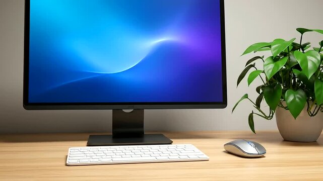 Dynamic desktop monitor with a vibrant display, central to a clean and functional ergonomic workspace design, enhancing focus and productivity.