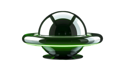 Shiny, metallic green UFO hovering. Sleek, futuristic design against black