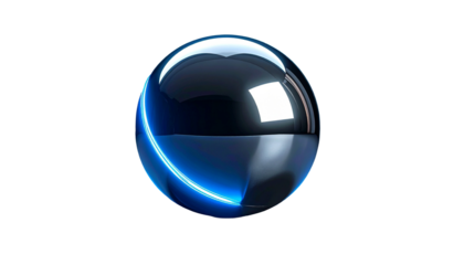 A glossy sphere with a blue, neon-like arc against a dark background