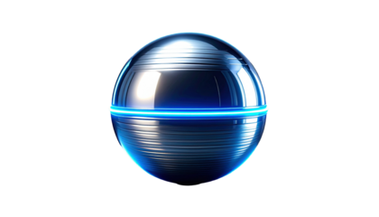 Metallic orb, glowing blue band, set against a dark, minimalist background