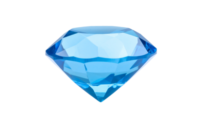 Brilliant, faceted, transparent blue crystal against a solid black backdrop