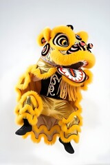 Fototapeta premium Dynamic Jumping Yellow Chinese Lion Dance Acrobatic Action