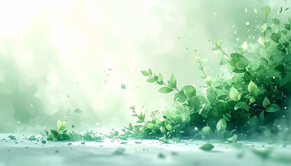 Ethereal blurred green foliage with translucent pastel mint watercolor texture for clean organic skincare and beauty background