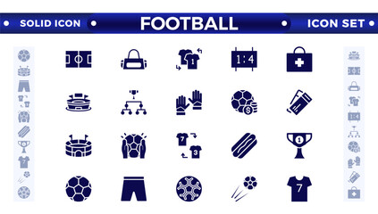 Obraz premium Football solid icon set. Soccer. Kicking a ball, team, rule, goal, players, medal, football, basketball, cycling, athlete, racket, table tennis, sparing, gym, weight training, golf, volleyball. 