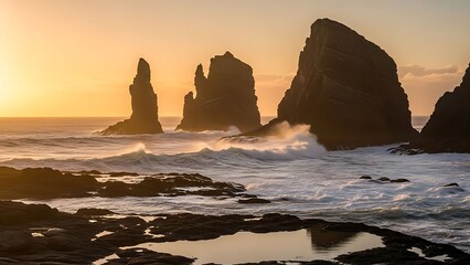 Sunset over dramatic sea stacks and crashing waves on a rocky coastline.