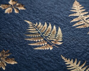 The plants and leaves, embossed in gold foil, are delicately pressed onto a textured dark blue paper background, creating a harmonious blend of retro elegance and modern luxury design.