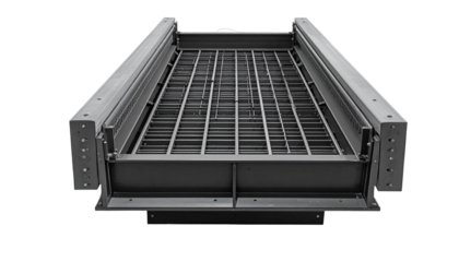 Industrial metal grate and frame, aerial view, isolated on black