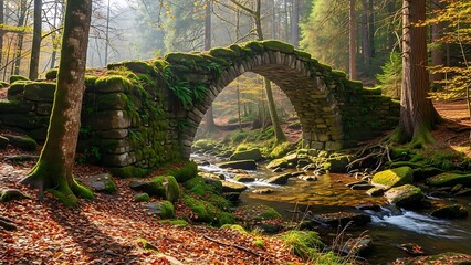 Mossy stone bridge over stream in sunlit autumn forest