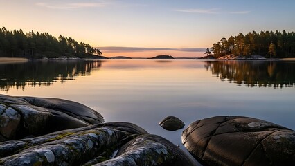 Serene lake at sunset with pine trees and rocky foreground.