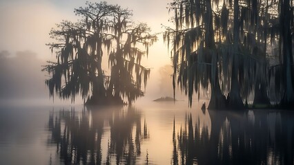 Misty cypress swamp at dawn with Spanish moss and reflections