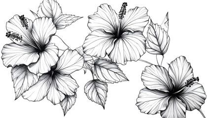 Black and white illustration of hibiscus flowers and leaves in a cluster