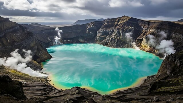 Vibrant turquoise crater lake in Iceland with steam rising from volcanic mountains.
