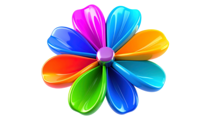 A vibrant, glossy flower with colorful petals in a radial pattern