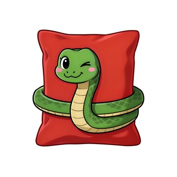 Cute cartoon snake snuggling on a red pillow
