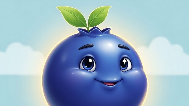 Smiling cartoon blueberry with green leaves.