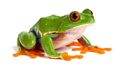 Obraz premium Vibrant Red-Eyed Tree Frog with Bright Orange Feet on White Background.