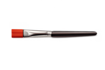 Paintbrush with flat synthetic red bristles and dark handle on transparent background for art and creative projects