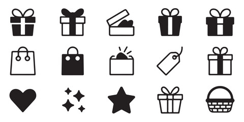 Assorted gift boxes and shopping basket icons for holiday sales and retail website designs