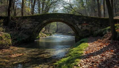 Fototapeta premium Stone arch bridge over a river in a dappled forest