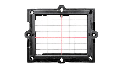 Dark, square device with grid, illuminated crosshairs, and mounting tabs