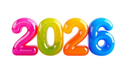 Colorful, glossy 2026 numerals in vibrant pink, green, orange, and blue