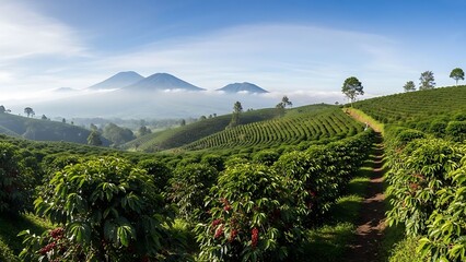 Coffee plantation with mountains in mist