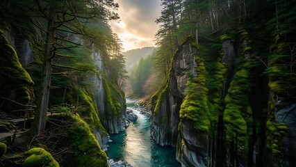 Moss-covered gorge with flowing river and misty forest.