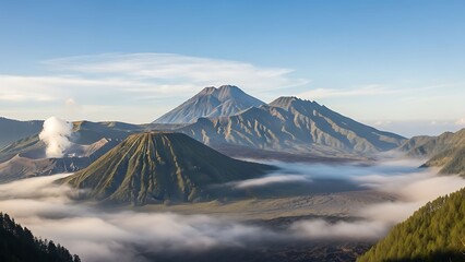 Bromo Tengger Semeru National Park with morning mist and smoking volcano