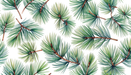 Watercolor pine branches with green and blue needles on black background