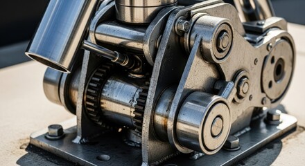 Detailed close-up heavy-duty polished stainless steel machinery gears mechanical components, for industrial power, engineering precision, complex operational systems