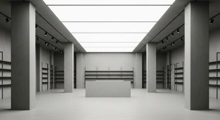 Empty modern retail store interior with concrete pillars minimalist shelving, for conceptual space for product display, commercial design, minimalist architecture