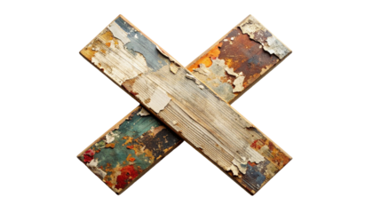 Two distressed, aged planks, crossed, with chipped paint