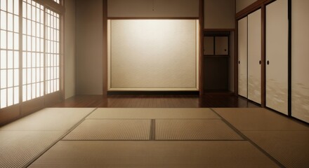 Empty traditional japanese tatami room interior with shoji screen windows soft diffused light, for calm meditation space, minimalist design, cultural heritage