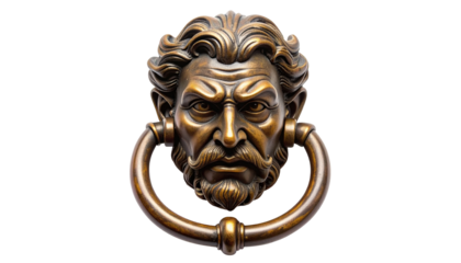 A bronze door knocker depicts a bearded man's face, with a ring below