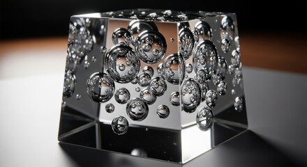 Glass cube paperweight with numerous reflective chrome metal bubbles trapped inside, for abstract concepts complexity, encapsulation, structural integrity in design