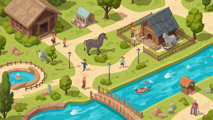 Isometric farm scene with animals and people enjoying outdoor activities.