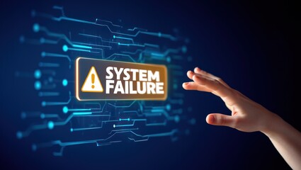 Hand reaching toward glowing digital warning sign with system failure message on futuristic circuit board background, for urgent technical problems data loss