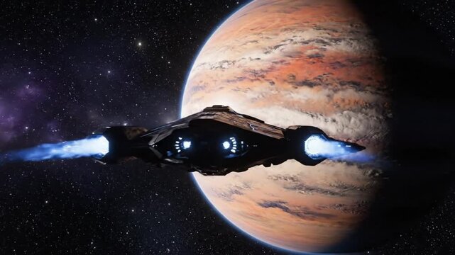 A futuristic spaceship flies through the galaxy in a video, approaching the planet Jupiter with a bright blue propulsion trail.