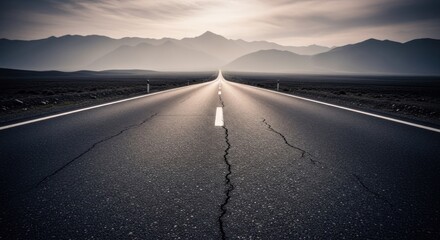 Open desert highway stretching distance towards layered mountains under bright, atmospheric sky, for journey, freedom, future progress