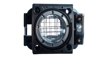 Dark, detailed close-up of a complex mechanical grid structure