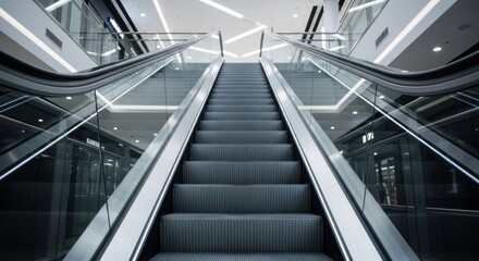 Upward moving escalator inside modern shopping mall with glass barriers bright ceiling lights, for progress, ambition, vertical movement, architectural design