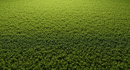 Vibrant close-up texture dense, bright green artificial turf moss carpeting with soft focus background, for natural growth, ecology, durable surface material