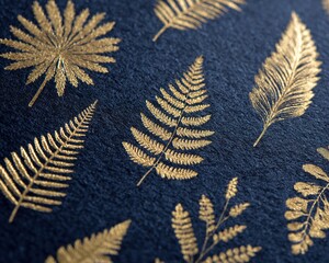 The plants and leaves, embossed in gold foil, are delicately pressed onto a textured dark blue paper background, creating a harmonious blend of retro elegance and modern luxury design.