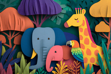 ジャングルの象とキリンとオウムの切り絵風ペーパーアート
