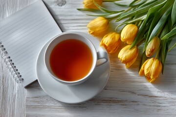 Cup of tea with yellow tulip flowers and paper notebook on a white wooden table, top view