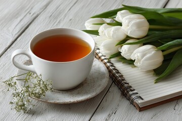 Сup of tea and white tulip flowers