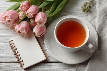Сup of tea, notebook and pink tulips on a table. Tea and Spring Flowers