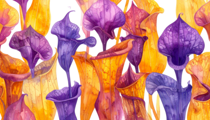 Watercolor illustration of colorful pitcher plants against a dark backdrop