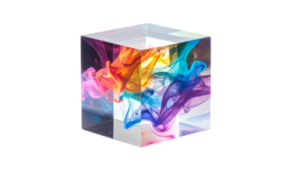 A clear cube encasing colorful, swirling inks